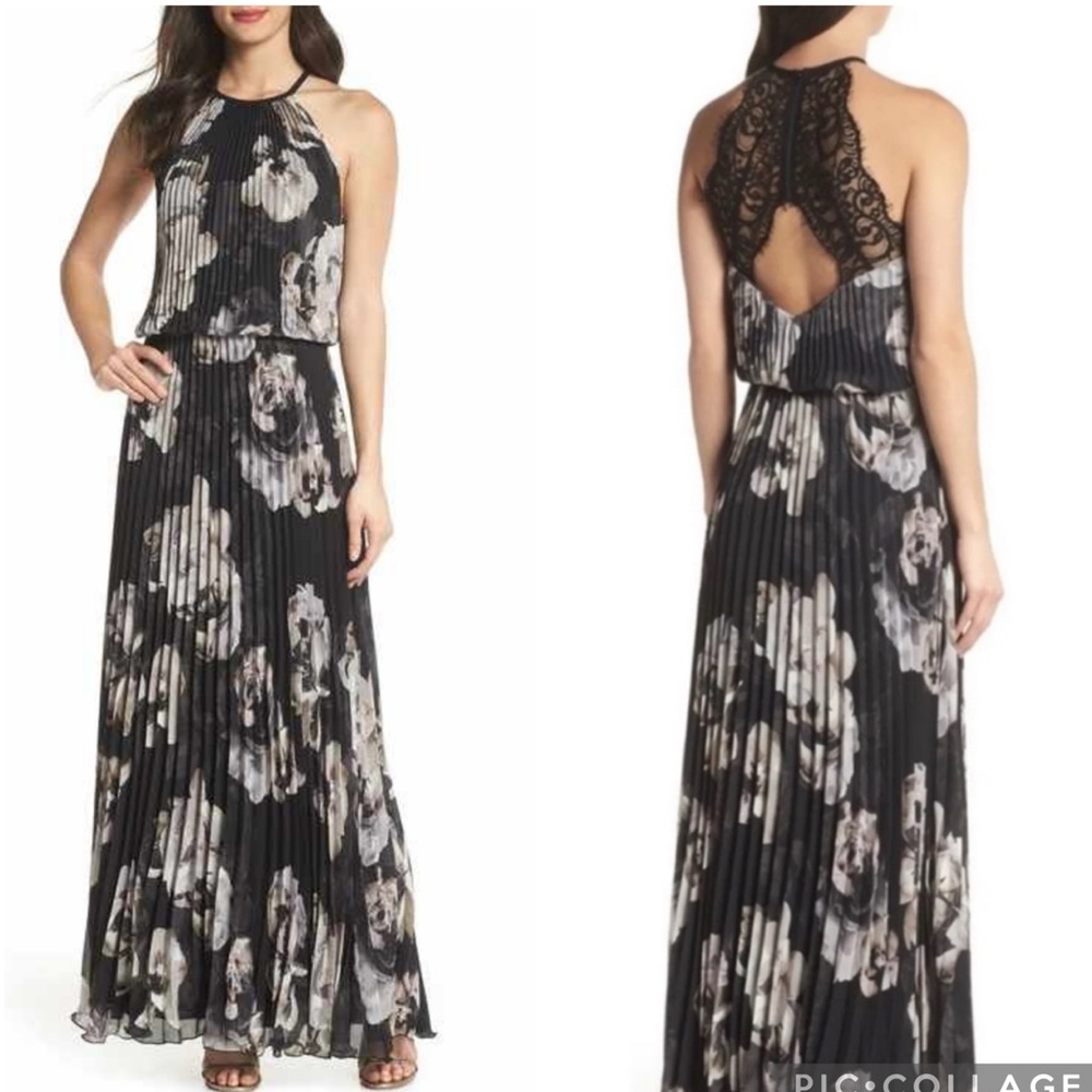Xscape Pleated Floral Lace Back Maxi Dress Black 2